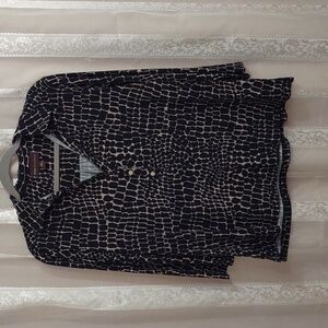 DANA BUCHMAN BLACK & TAN ANIMAL PRINT STRETCHY LIGHT SHORT SLEEVE TOP Large